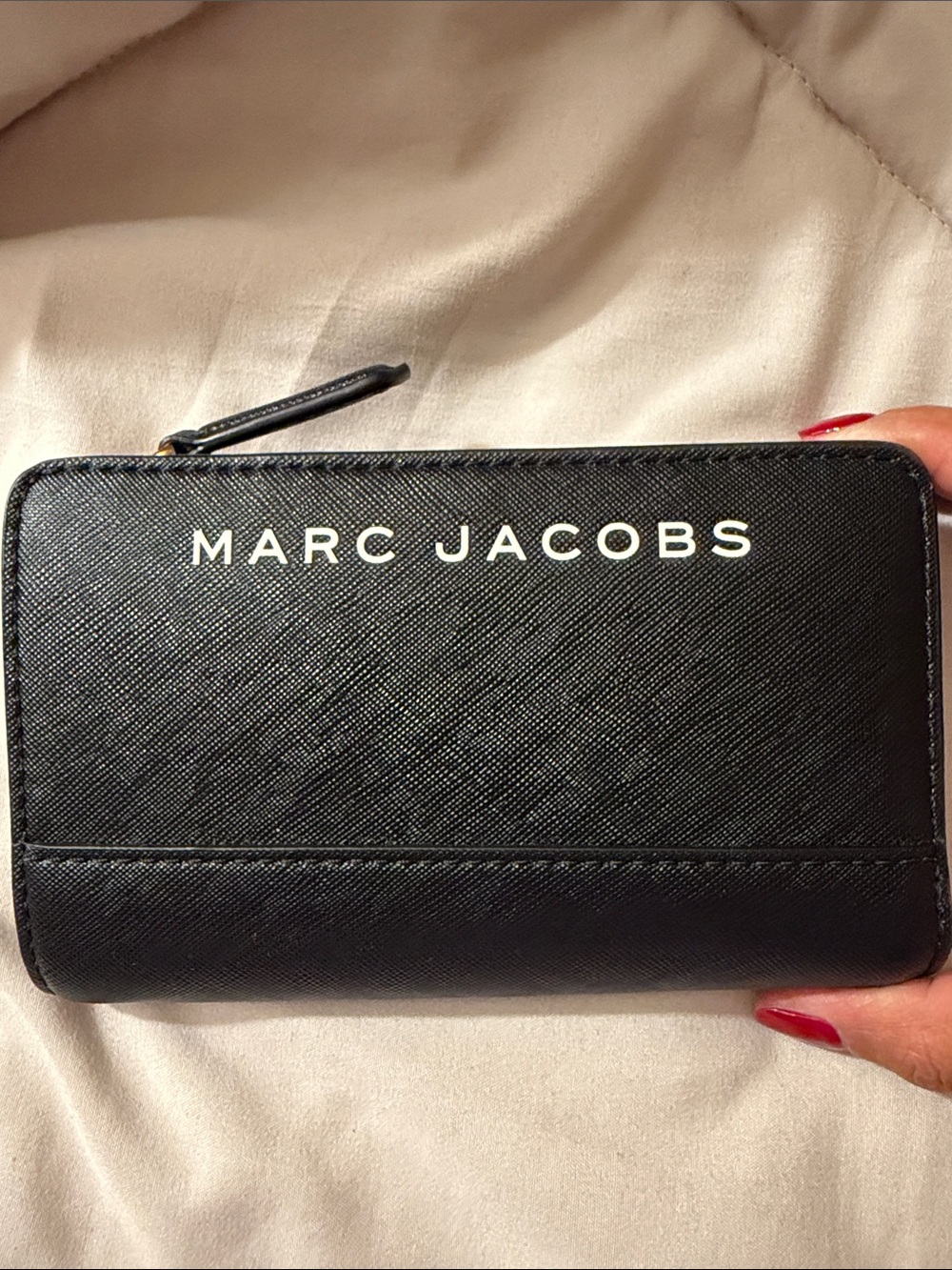 Marc Jacobs Black Saffiano Zip Card Holder with White Logo